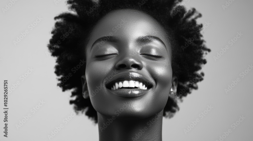 Joyful black woman with closed eyes smiling widely against a neutral background in high-contrast black and white Joyful black woman with closed eyes smiling widely against a neutral background in high-contrast black and white
