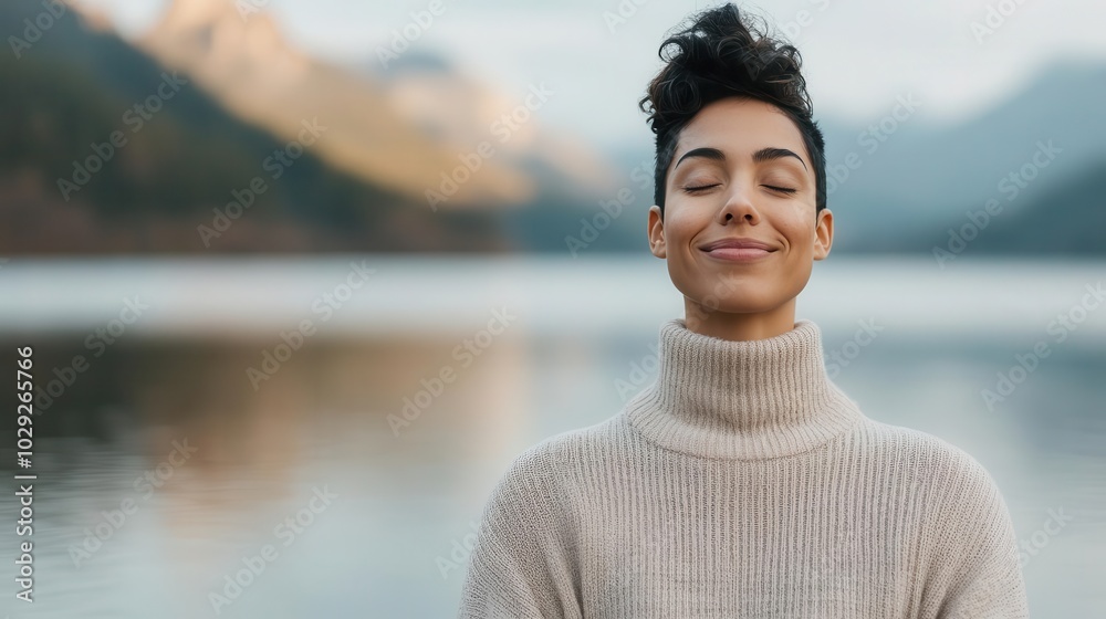 A person practicing mindfulness by a river, smiling as they meditate close up Finding joy and inspiration in stillness serene Fusion Riverbank backdrop A person practicing mindfulness by a river, smiling as they meditate close up Finding joy and inspiration in stillness serene Fusion Riverbank backdrop