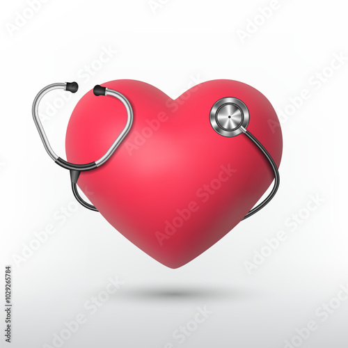 3d heart with stethoscope on white background, vector illustration
