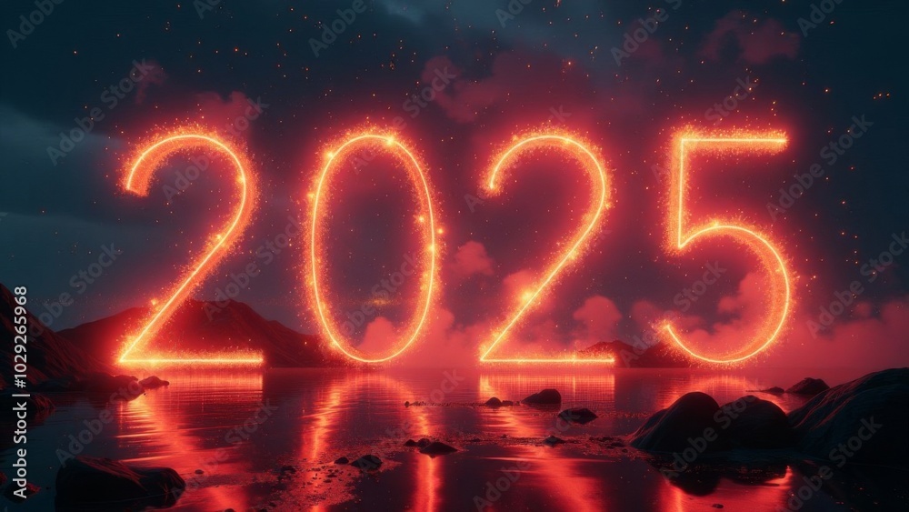 Sparkling burning numbers 2025 against the backdrop of a city celebrating the new year with fireworks Sparkling burning numbers 2025 against the backdrop of a city celebrating the new year with fireworks