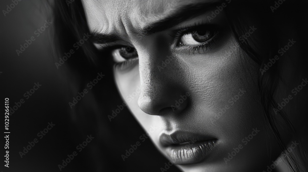 A woman reflects deep sadness, her downcast eyes conveying emotion against a soft monochrome background A woman reflects deep sadness, her downcast eyes conveying emotion against a soft monochrome background