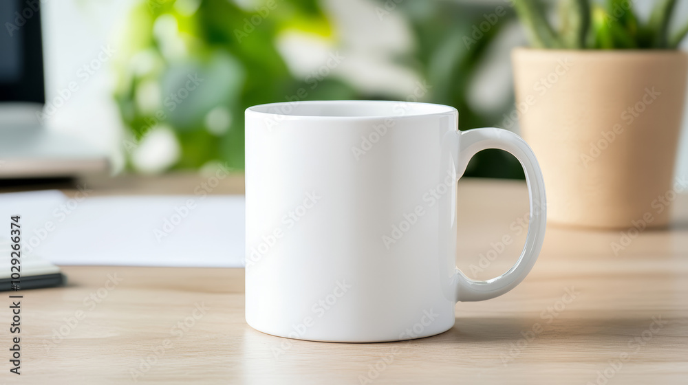 Bright office space with white mug, laptop, and plant on desk, ideal for mockups Bright office space with white mug, laptop, and plant on desk, ideal for mockups