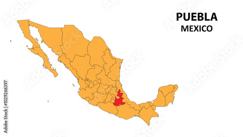 Puebla Map is highlighted on the Mexico map with detailed state and region outlines.