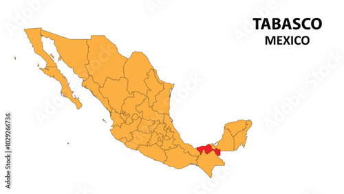 Tabasco Map is highlighted on the Mexico map with detailed state and region outlines.