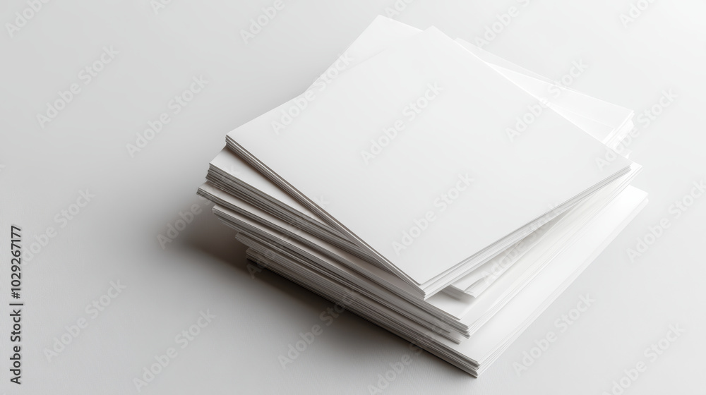 Pile of blank square paper sheets rests on a white surface, offering plenty of room for mockup designs or branding Pile of blank square paper sheets rests on a white surface, offering plenty of room for mockup designs or branding