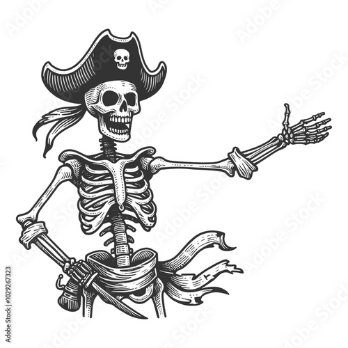 skeleton pirate in pirate hat, with sword, nautical adventure and a spooky, humorous vibe sketch engraving generative ai vector illustration. Scratch board imitation. Black and white image.