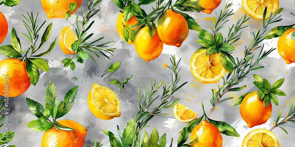 Obraz premium Bright citrus fruits and herbs create a vibrant kitchen backdrop in springtime