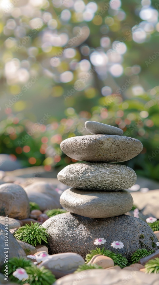Serene zen stones stacked in a tranquil garden, 4K hyperrealistic photo. Serene zen stones stacked in a tranquil garden, 4K hyperrealistic photo.