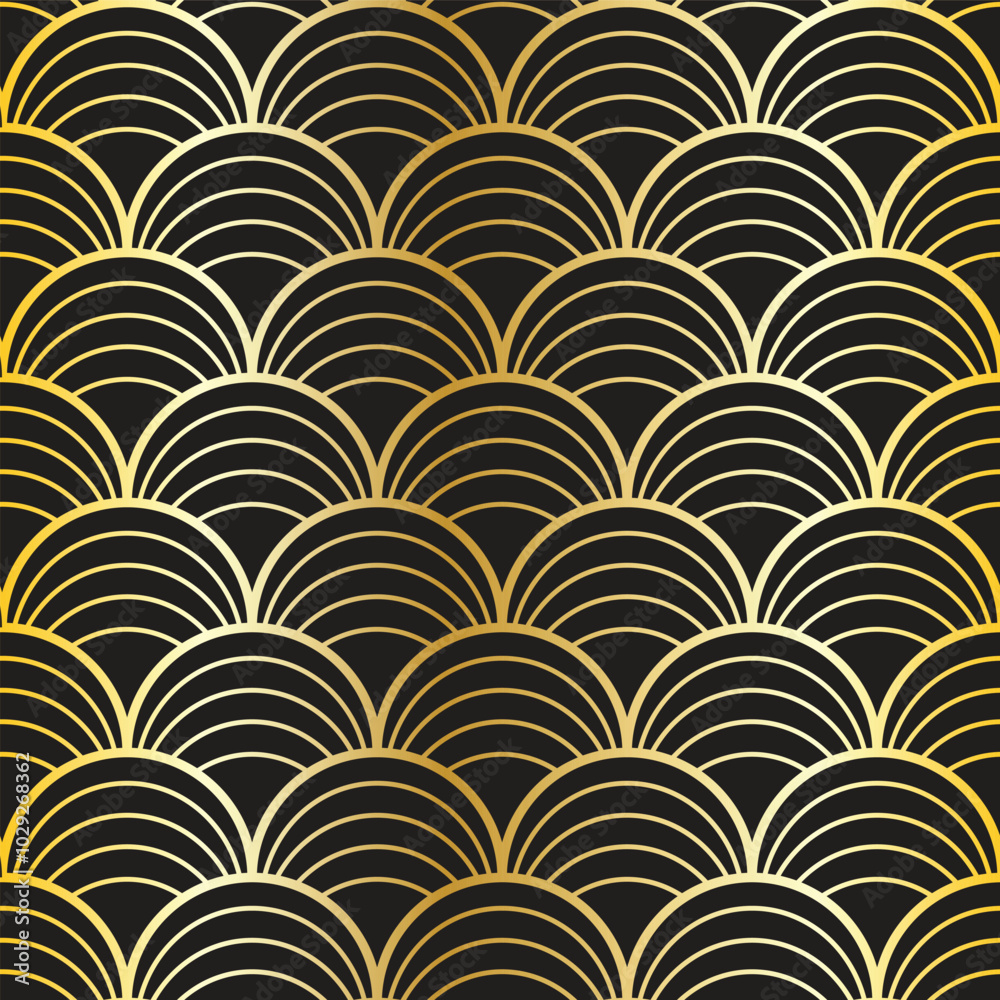 Seamless vector pattern asian wave. Geometric scallop scale ogee luxury gold lines on black