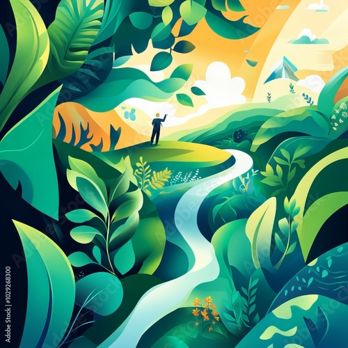 The Path to Renewal: A single figure stands on a verdant path, framed by lush foliage and bathed in warm sunlight, symbolizing personal growth and a journey of self-discovery.