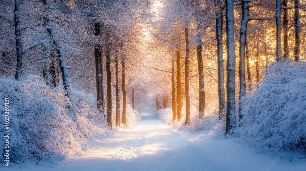 Snow-covered trees in a serene forest during early morning with soft light filtering through the branches