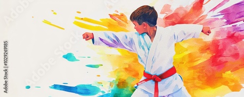Young boy practicing martial arts with colorful splash background.