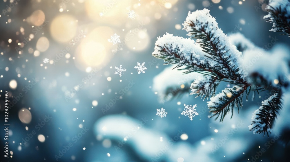 A close-up of snowflakes on a pine tree branch, softly illuminated by natural light A close-up of snowflakes on a pine tree branch, softly illuminated by natural light