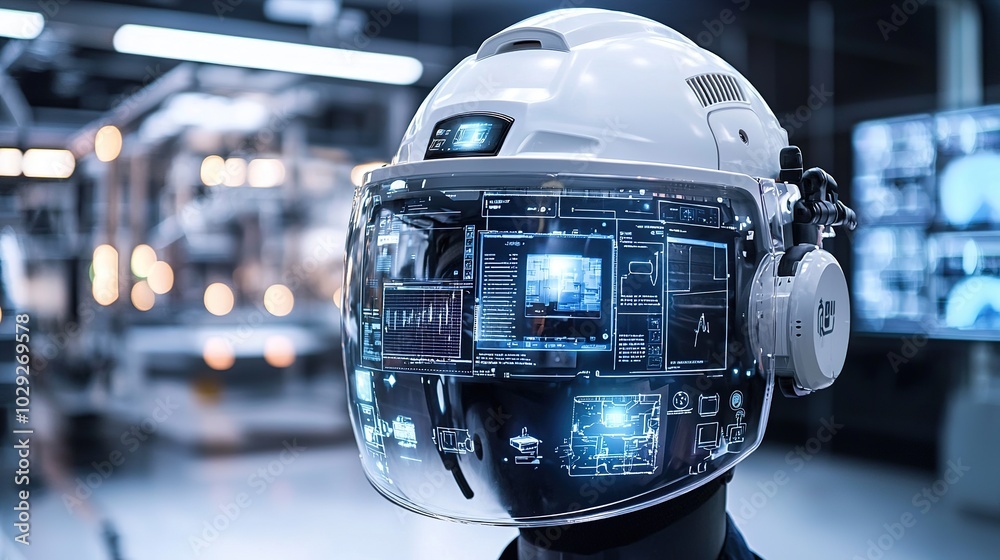 A futuristic helmet with a transparent visor displays advanced digital interfaces, designed for high-tech environments and enhanced user interaction. A futuristic helmet with a transparent visor displays advanced digital interfaces, designed for high-tech environments and enhanced user interaction.