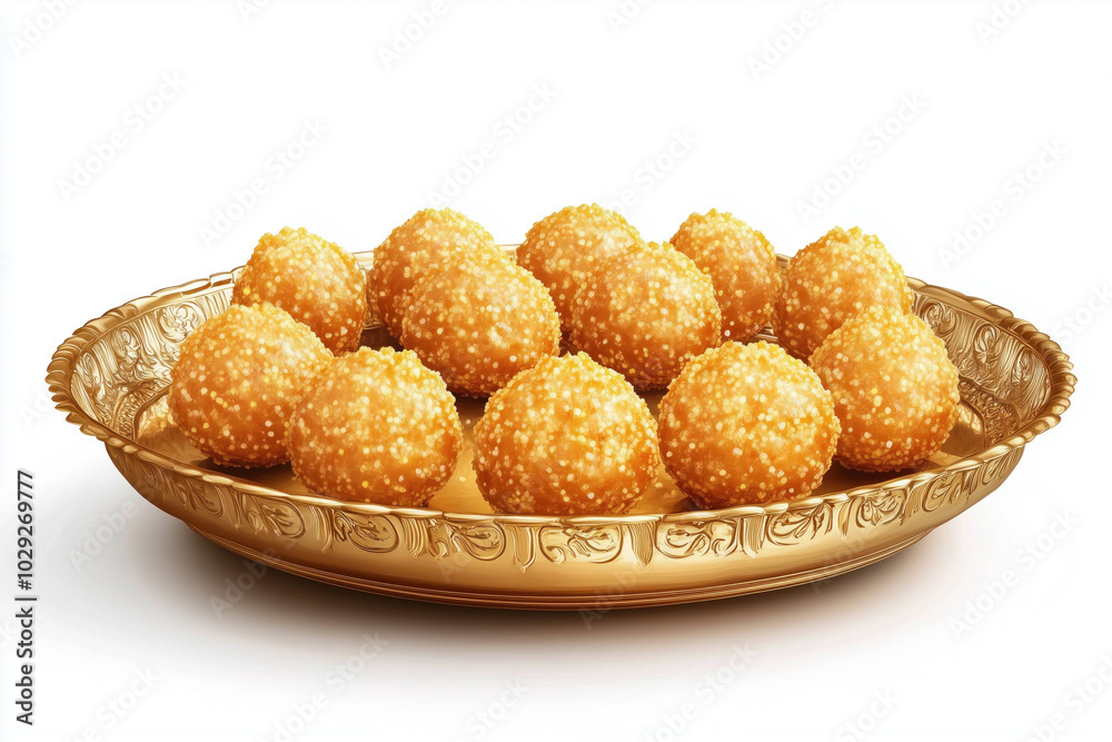 Moti Chor Laddu on golden thali on white Moti Chor Laddu on golden thali on white