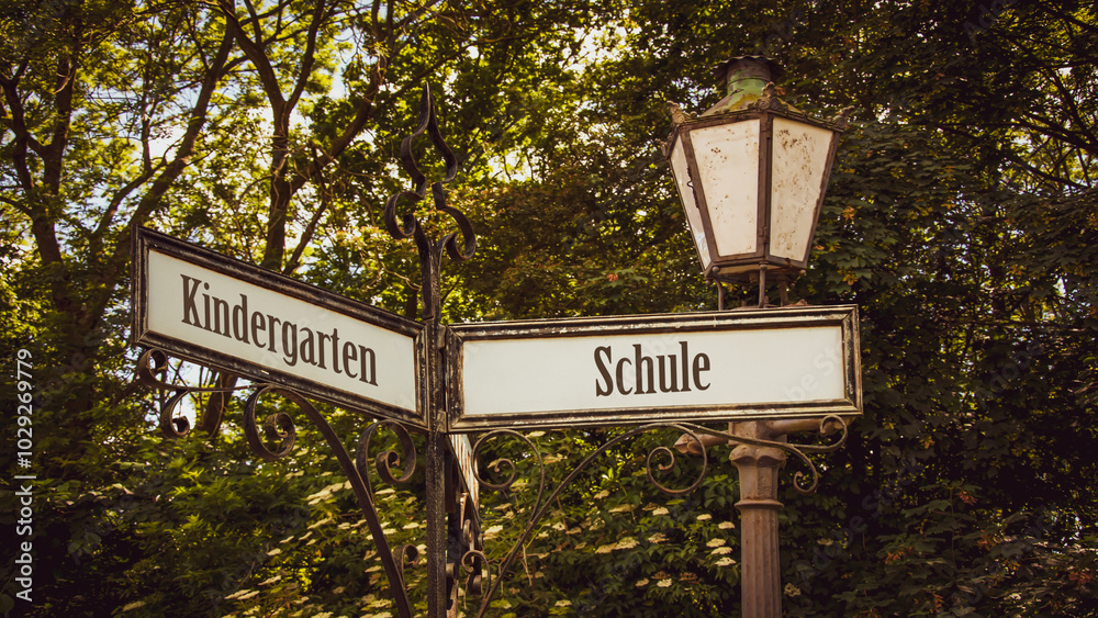 Signposts the direct way to school versus kindergarten Signposts the direct way to school versus kindergarten