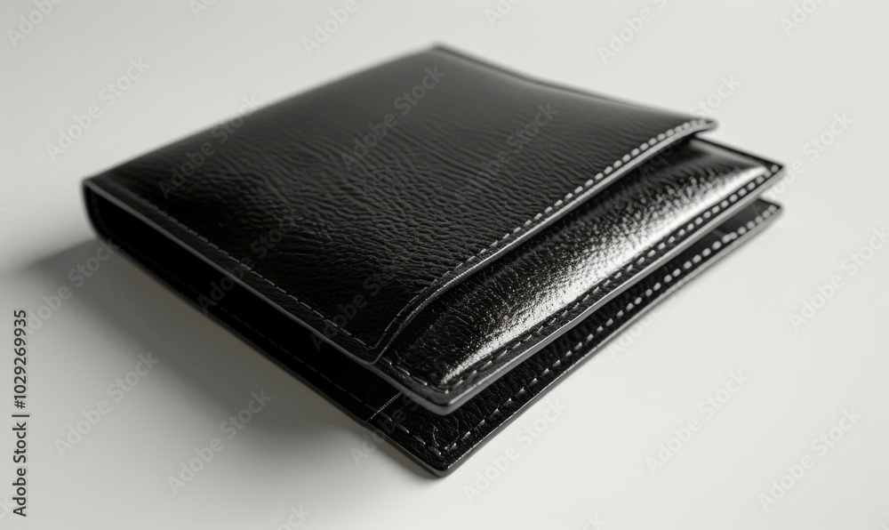 Shiny black leather wallet, white background, 4K hyperrealistic photo Shiny black leather wallet, white background, 4K hyperrealistic photo