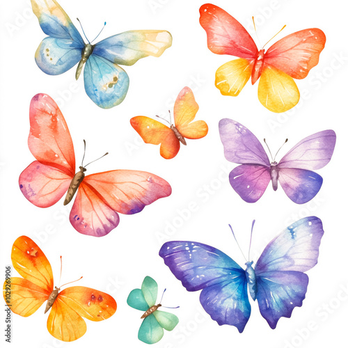 Colorful butterflies depicted in a watercolor style