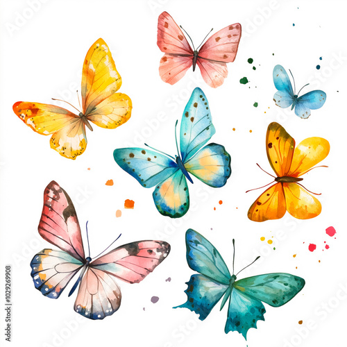 Watercolor illustration featuring vibrant, colorful butterflies