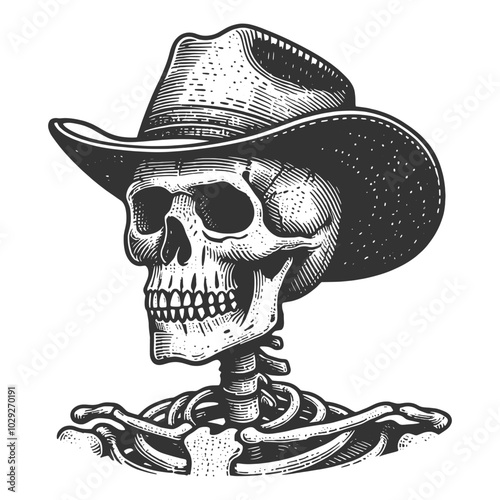 skeleton cowboy, wearing a hat. Vintage western style sketch engraving generative ai fictional character vector illustration. Scratch board imitation. Black and white image.