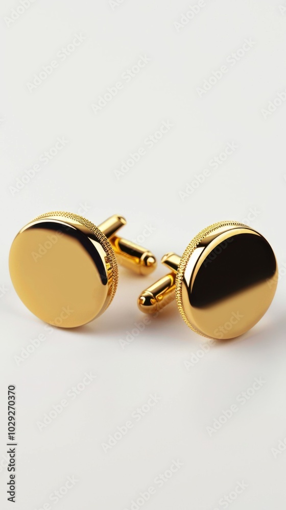 Shiny gold cufflinks, white background, 4K hyperrealistic photo Shiny gold cufflinks, white background, 4K hyperrealistic photo