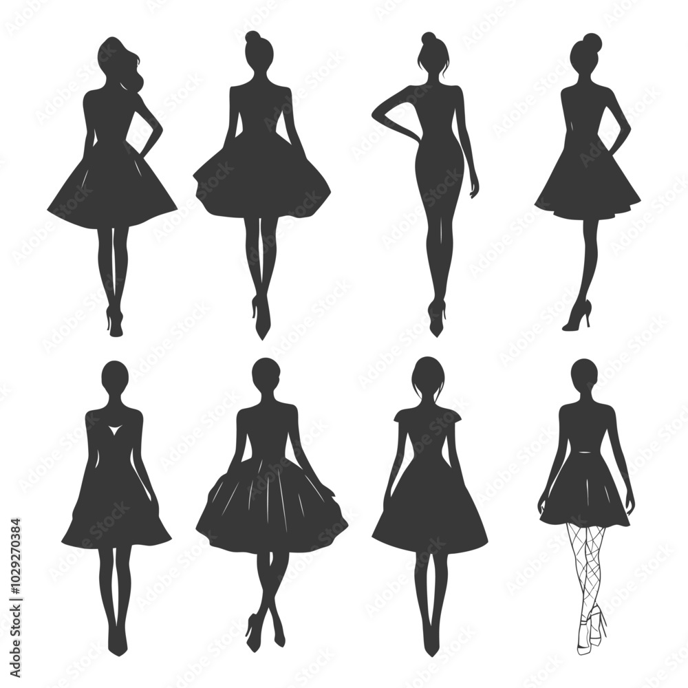 Eight Silhouettes of Women in Dresses and High Heels