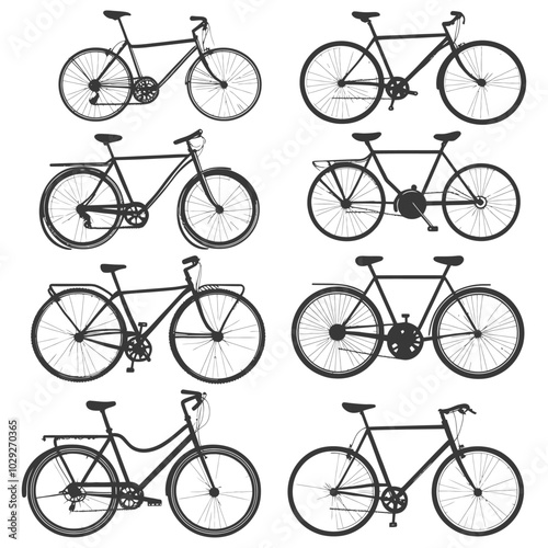 Eight Silhouettes of Vintage Bicycles with Spokes