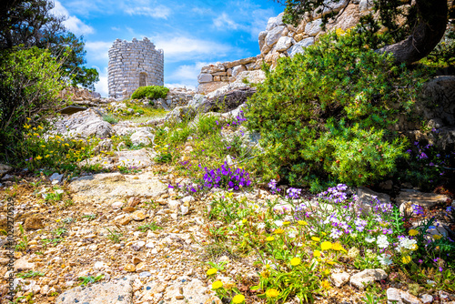 Drakano tower fortress watchtower archeological site on Ikarian Sea, Greek Aegean islands of Ikaria island, Greece with hiking trail, wildflowers photo