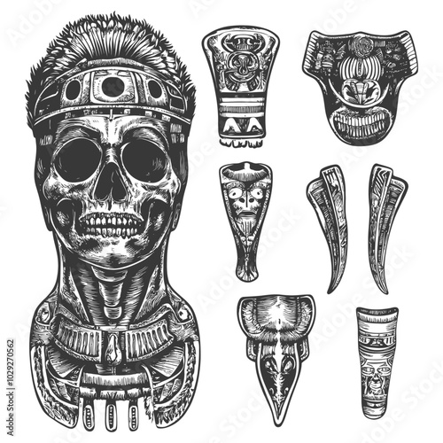Engraved Illustration of a Skull with Feathers and Ornamental Artifacts
