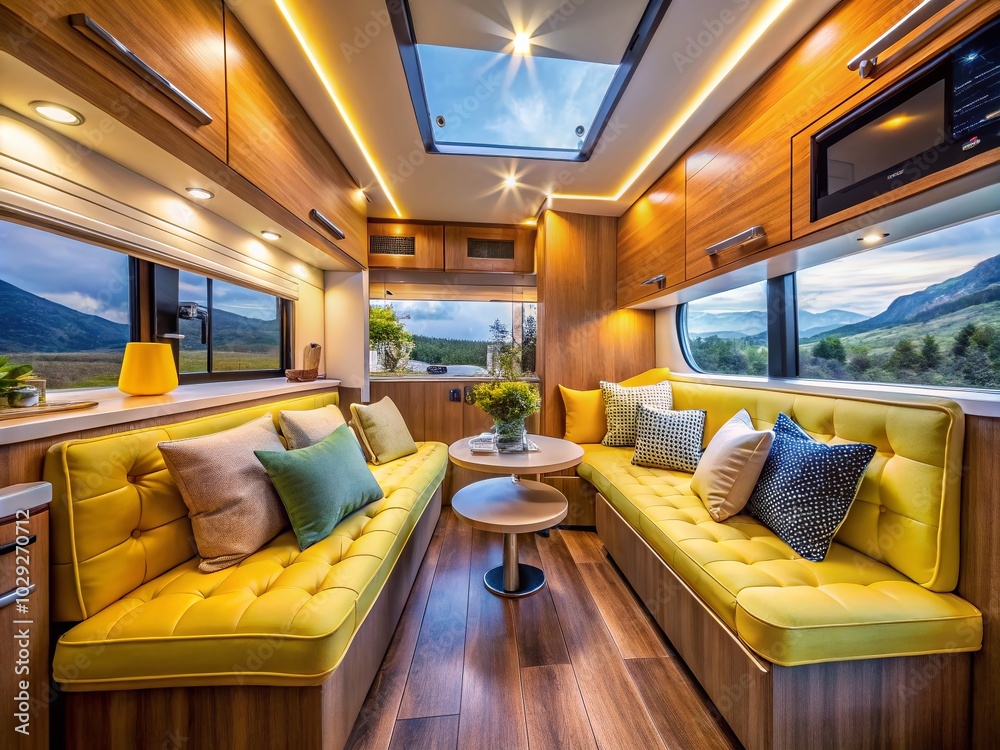 Fototapeta premium Cozy Camper Van Interior with Yellow Sofa and Pillows for Travel Inspiration