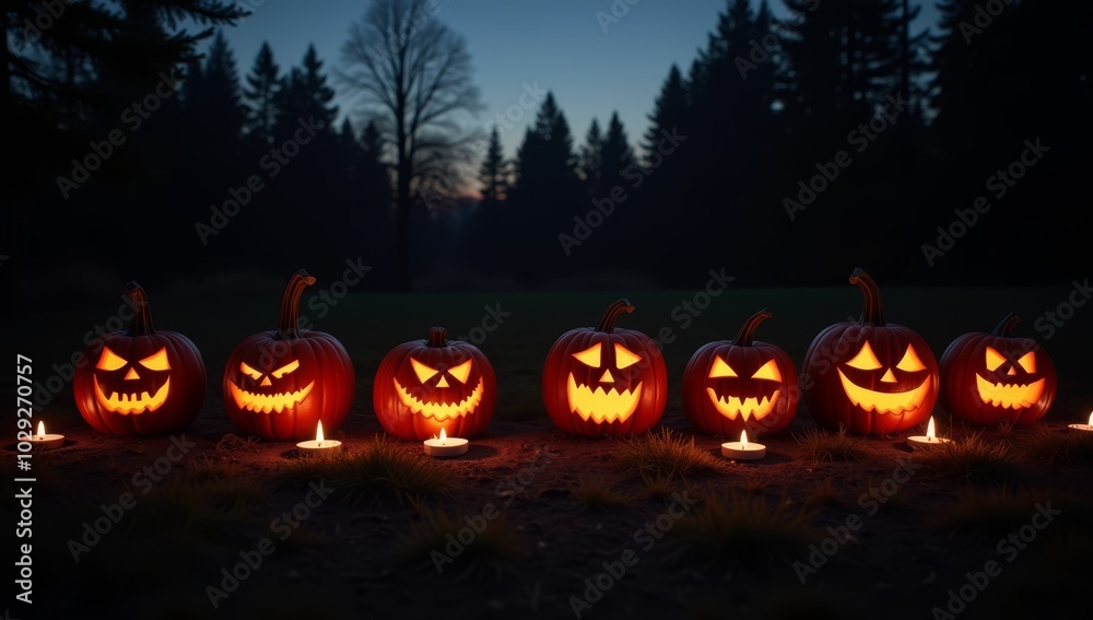 Lit Jack-o'-Lanterns at the Edge of a Dark Forest with a Twilight Sky Lit Jack-o'-Lanterns at the Edge of a Dark Forest with a Twilight Sky