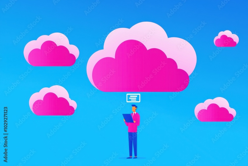 Person holding a device with pink clouds background, digital concept Person holding a device with pink clouds background, digital concept