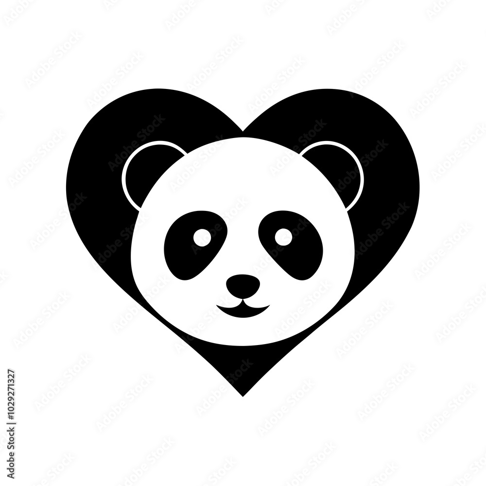 Fototapeta premium A black-and-white minimalist logo featuring a panda head with subtle outlines, nestled within the shape of a heart