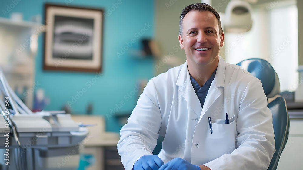 Portrait of happy male dentist smiling at camera while standing in dental office Portrait of happy male dentist smiling at camera while standing in dental office