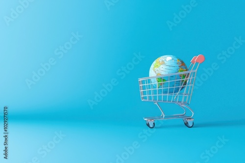 Shopping cart with globe on blue background, symbolizing global commerce.