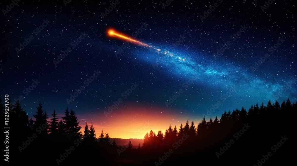 Starry night sky with a comet streaking over silhouettes of pine trees.