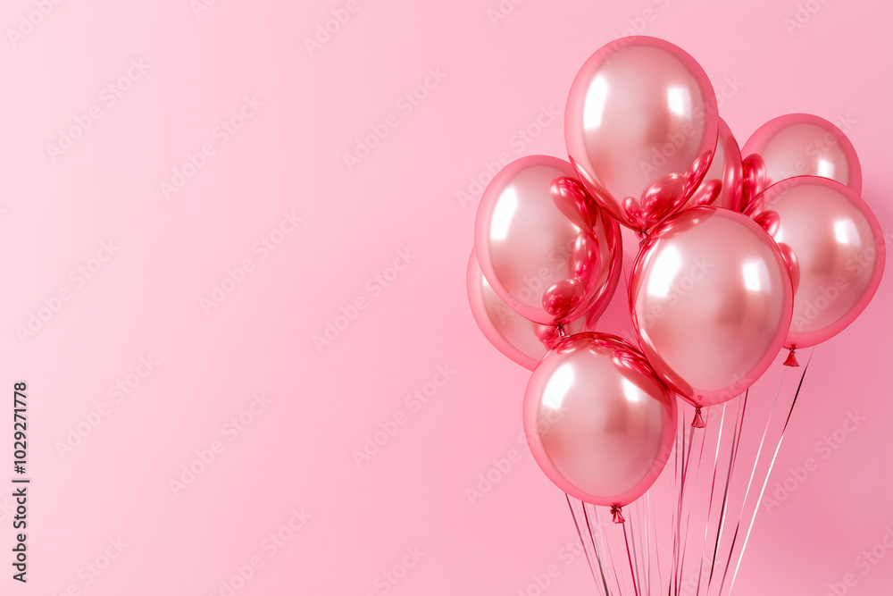 A bunch of shiny pink metallic balloons isolated on a pastel pink background. The ample copy space on the left makes this image perfect for festive or promotional text overlay.
