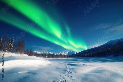 Stunning northern lights illuminating a snowy landscape at night.