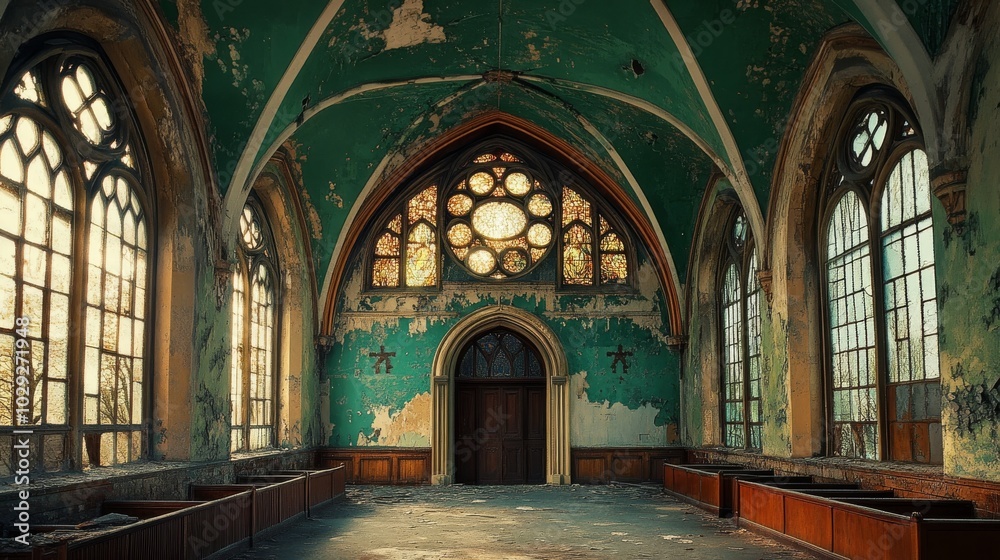 Abandoned church lobby with cracked green paint and arched entry. Abandoned church lobby with cracked green paint and arched entry.