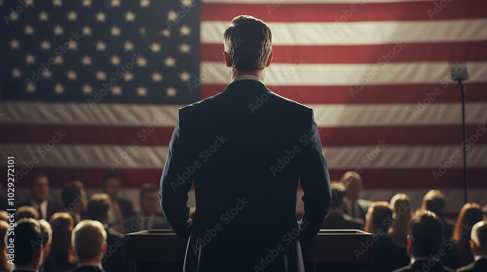 Rear view of businessman speaking from tribune in conference hall. Rear view of businessman speaking from tribune in conference hall.