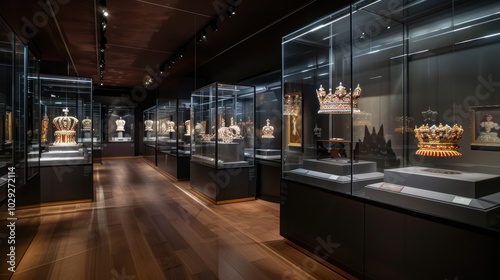 A Museum Exhibit of Gold and Gemstone Crowns in Glass Display Cases