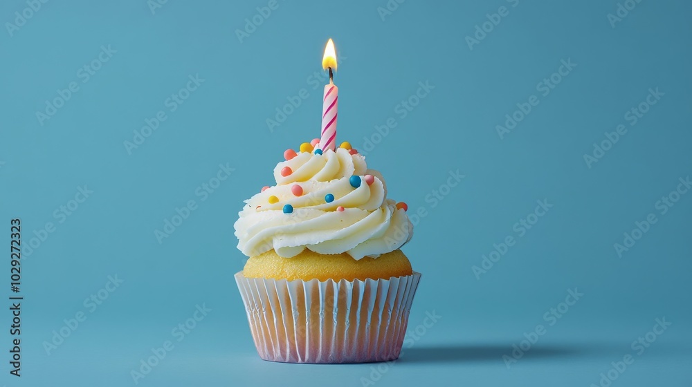 Candle-topped cupcake on blue background Candle-topped cupcake on blue background