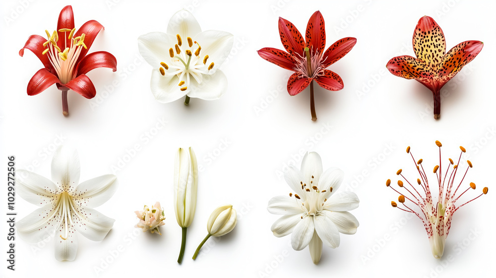 Set of lilies in various colors on white background
