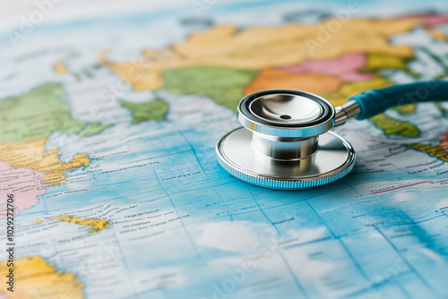 Stethoscope on world map representing global health care