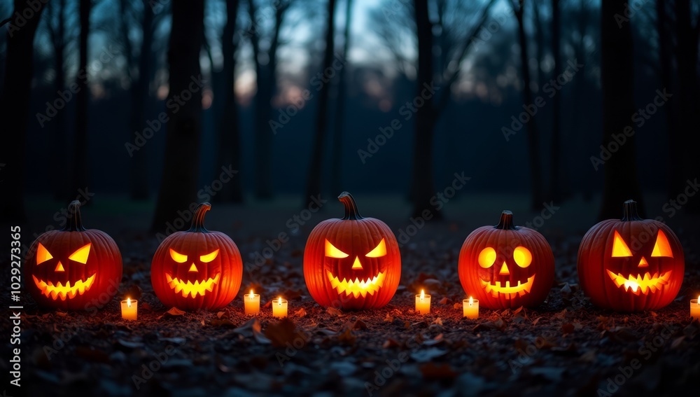 Lit Jack-o'-Lanterns at the Edge of a Dark Forest with a Twilight Sky