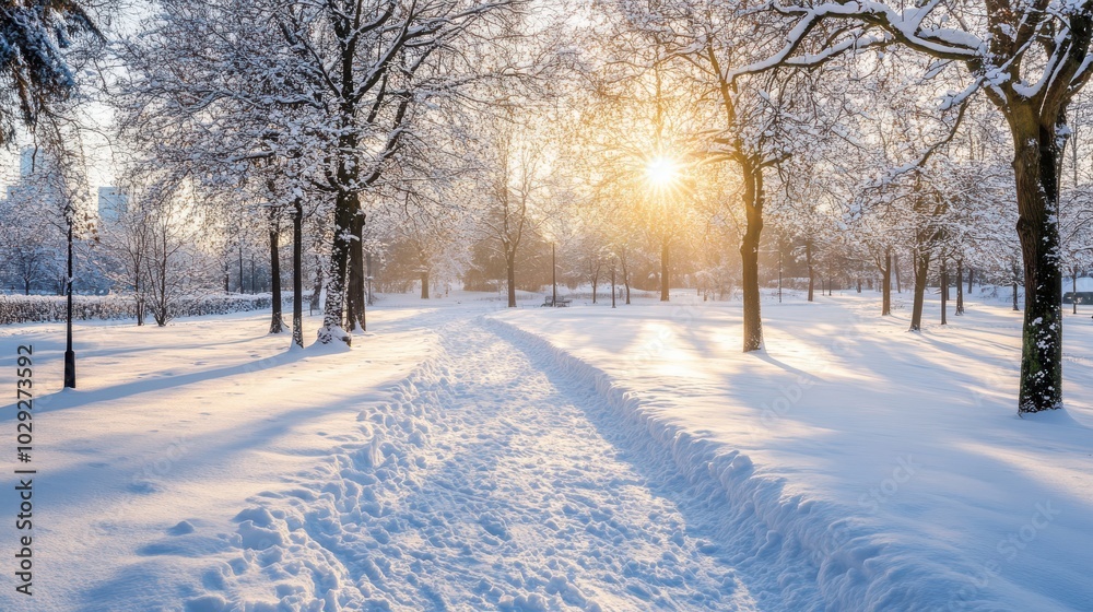 A snow-covered path through a park, with soft light filtering through the trees in the background A snow-covered path through a park, with soft light filtering through the trees in the background