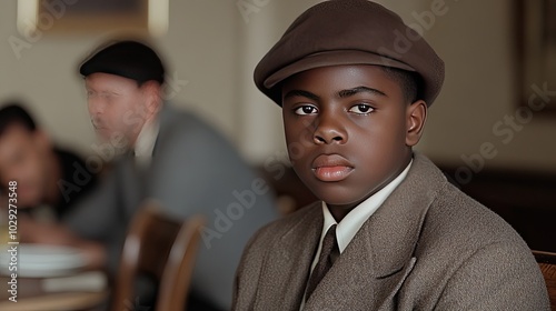 A young Black man in a brown hat and coat sits at a bar, looking directly at the camera while surrounded by friends in a lively nightclub atmosphere, enjoying the night photo