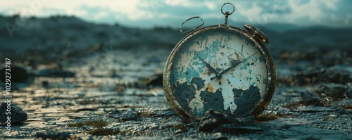 Broken clock in a desolate landscape, symbolizing the impact of procrastination