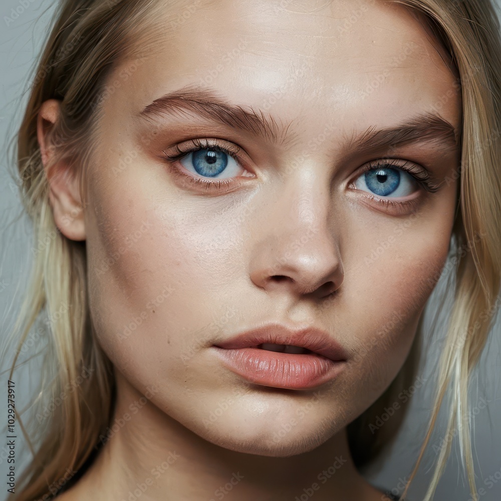 Close up portrait of a beautiful blonde woman with blue eyes looking at camera Close up portrait of a beautiful blonde woman with blue eyes looking at camera