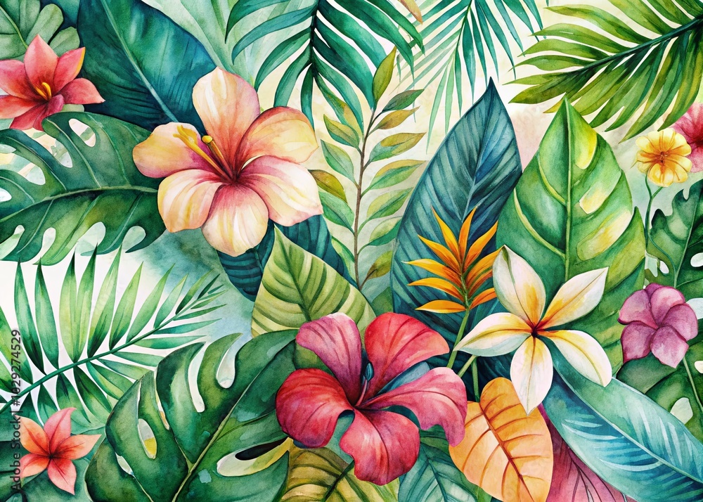 Fototapeta premium Tropical Watercolor Leaves and Flowers Portrait Photography for Home Decor